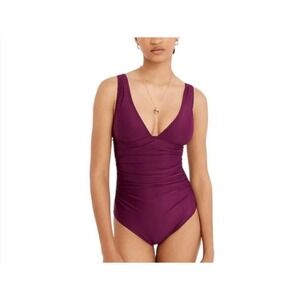 J.Crew Women Long Torso Ruched V-Neck One-Piece Swimsuit Plum Purple Size 16 EUC